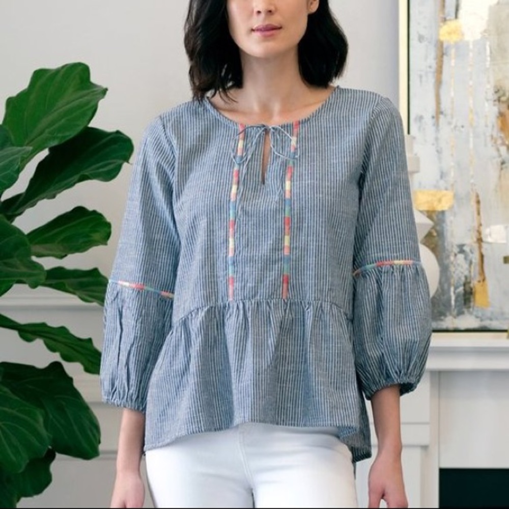 Mododoc Embroidered Stripe Peasant Blouse Top